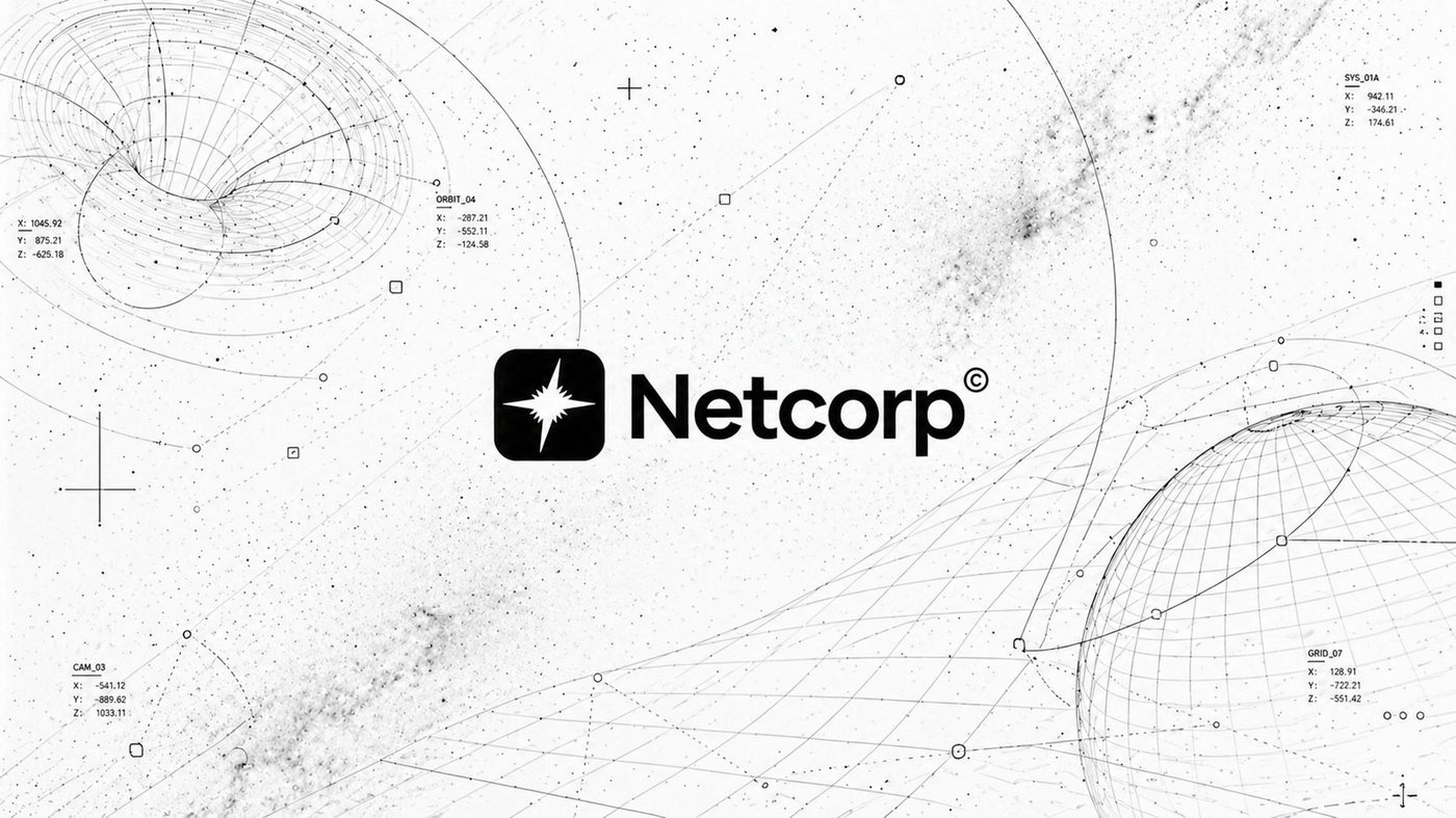 Netcorp merk-lockup op technische achtergrond
