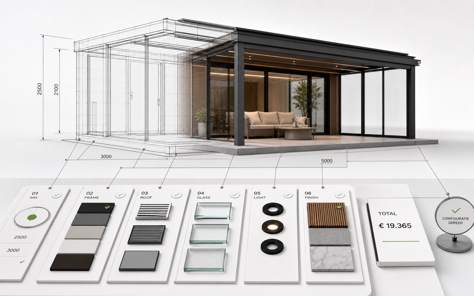 Verandaconfigurator van maatvoering en materiaalkeuze naar een compleet 3D-resultaat
